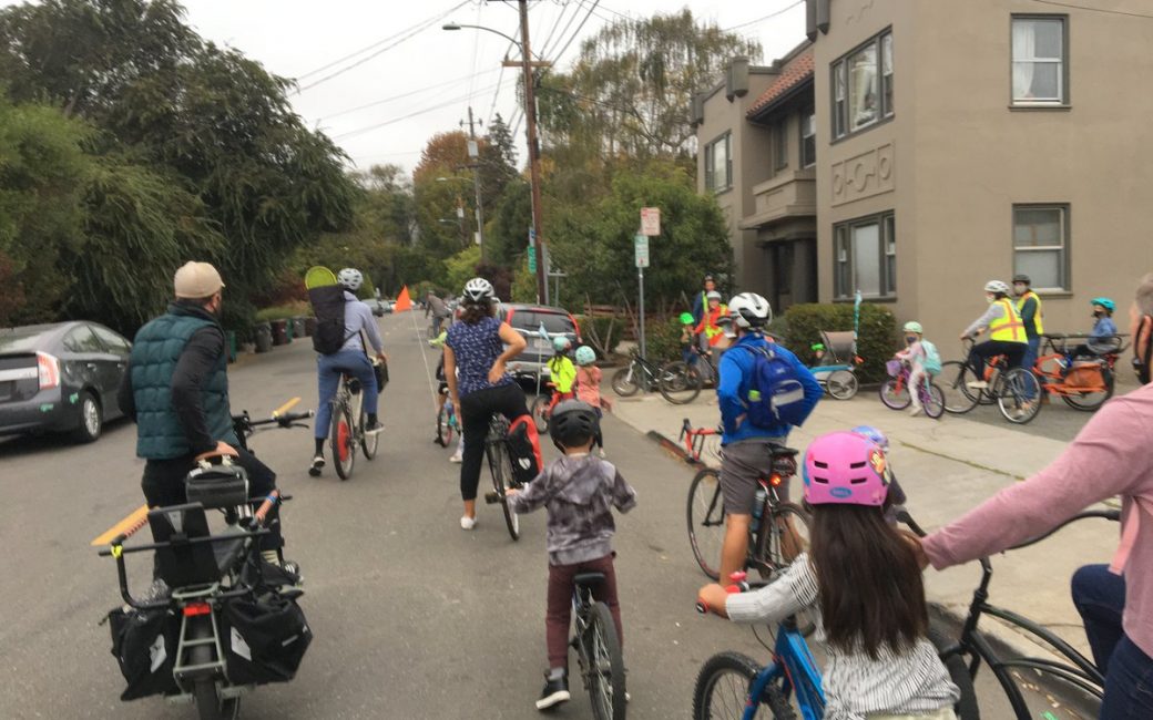 Children riding their bikes to school