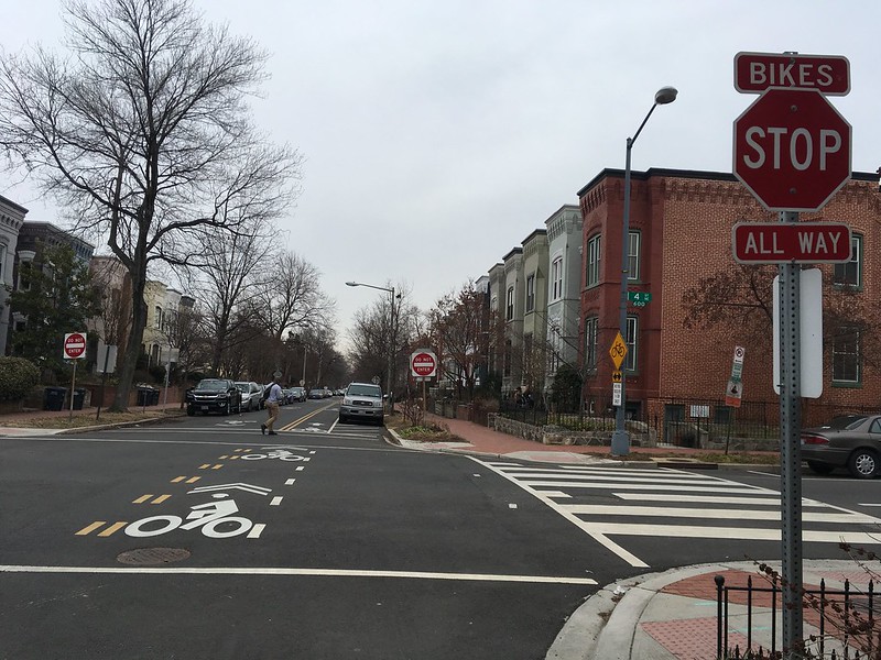 A photo of a contraflow bicycle lane in Washington DC by Erica Fischer on Flickr