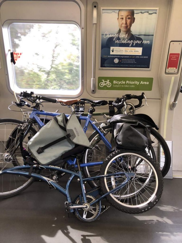Bikes and panniers on BART on the way to Antioch for Brentwood Cherry Picking