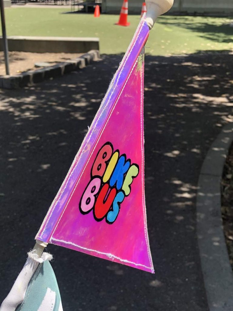 Iridescent Bike Bus flag on a Bike Beam LED Flag Pole Light - used on our first day biking to school this year