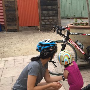 Bike helmets on adult and child