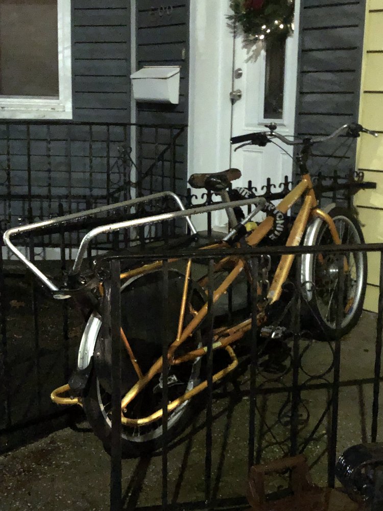 Long tail Yuba bike in New York, locked