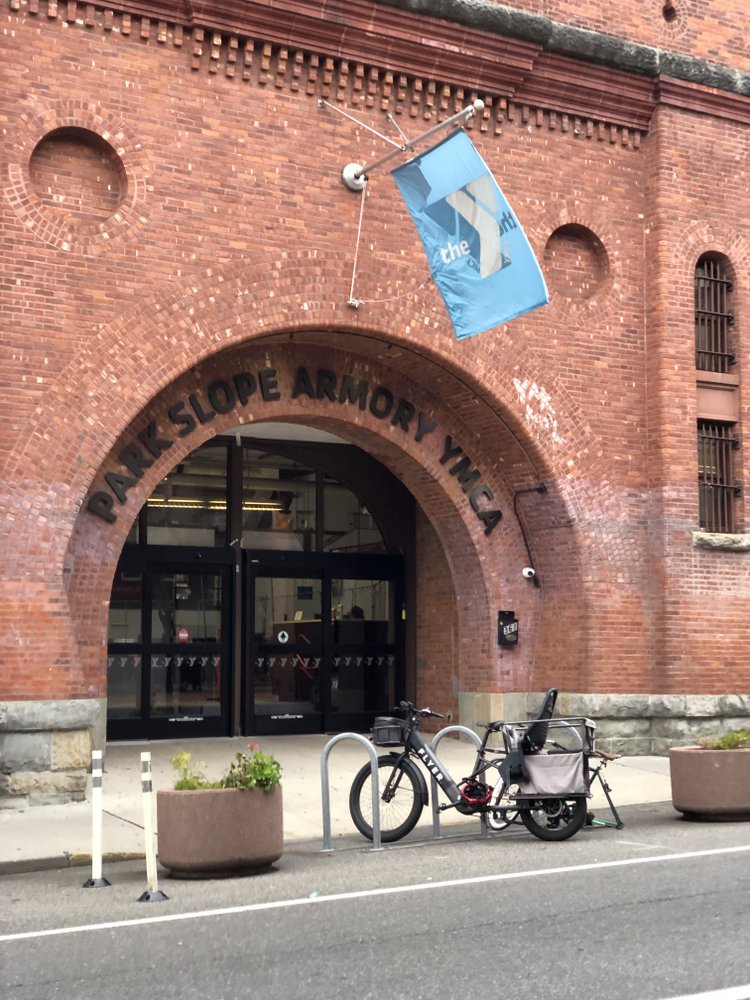 Flyer e-bike locked in front of the YMCA in Park Slope