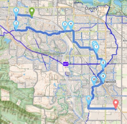 Map of bike route from Antioch to Brentwood