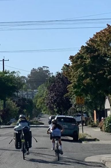 The Bike Ride to BART: two riders on bikes, one adult one youth, blue sky